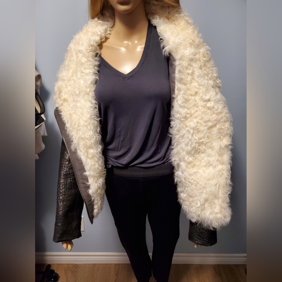 HELMUT LANG -"Chasm" Shearling lined leather sleeve diagonal zip jacket size M/L - Picture 2 of 9